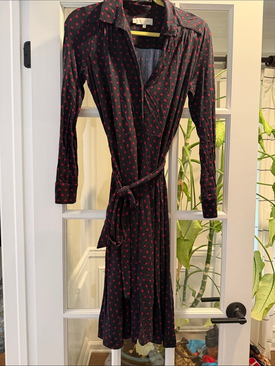 Hobbs London Dresses & Skirts - Blue Long-Sleeve Wrap Dress with Red Dot Print